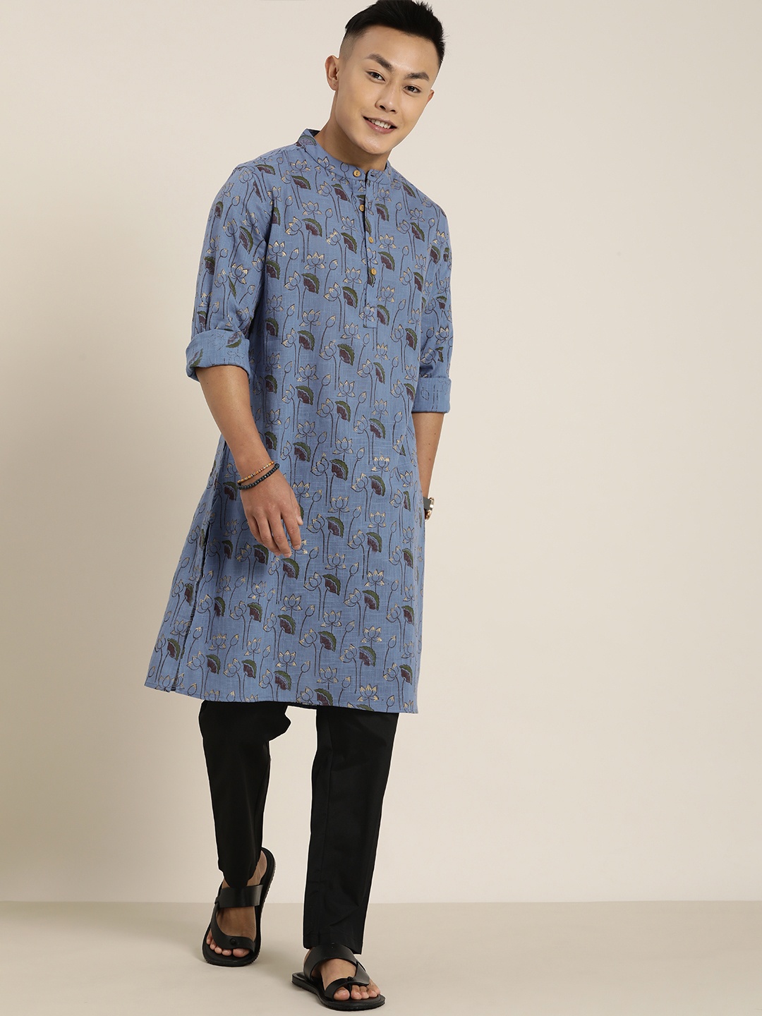 

Taavi Men Blue & Black Festive Khari HandBlock Print Kurta With Pocket Detail