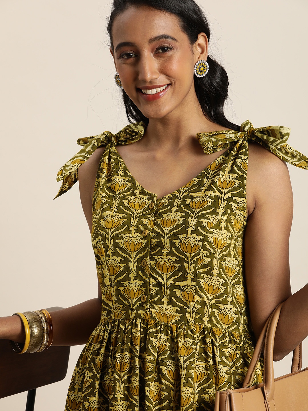 

Taavi Women Olive Green & Mustard Yellow Ethnic Motifs Bagru Pure Cotton Maxi Dress