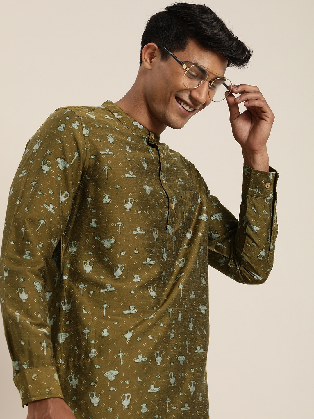 

Taavi Men Mustard Yellow Handblock Geometric Printed Ethnic Kurta