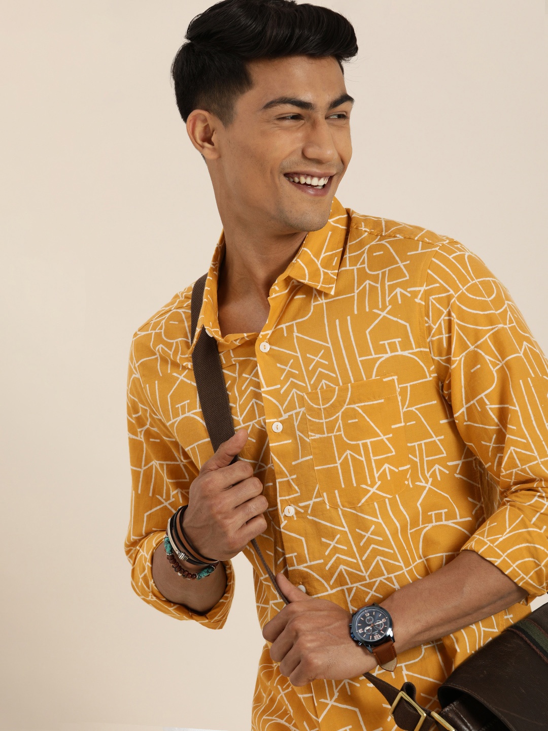 

Taavi Men Mustard & White Wild Tribe Printed Shirt With Spread Collar