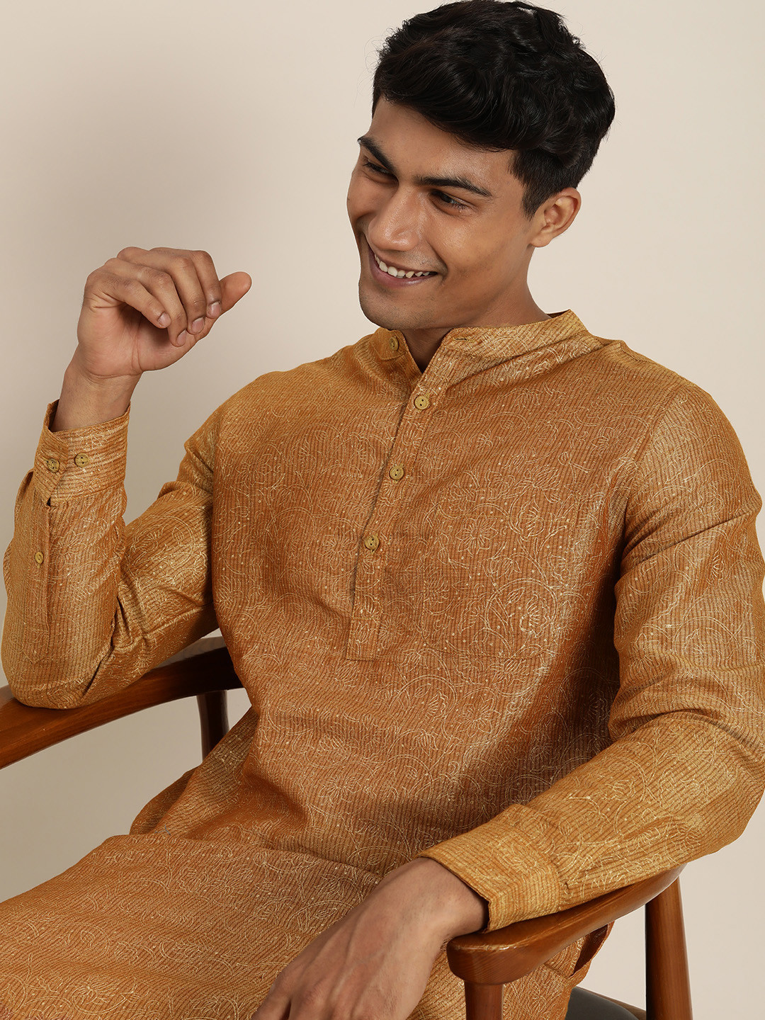 

Taavi Men Mustard Yellow Handblock Ethnic Motifs Printed Textured Ethnic Kurta