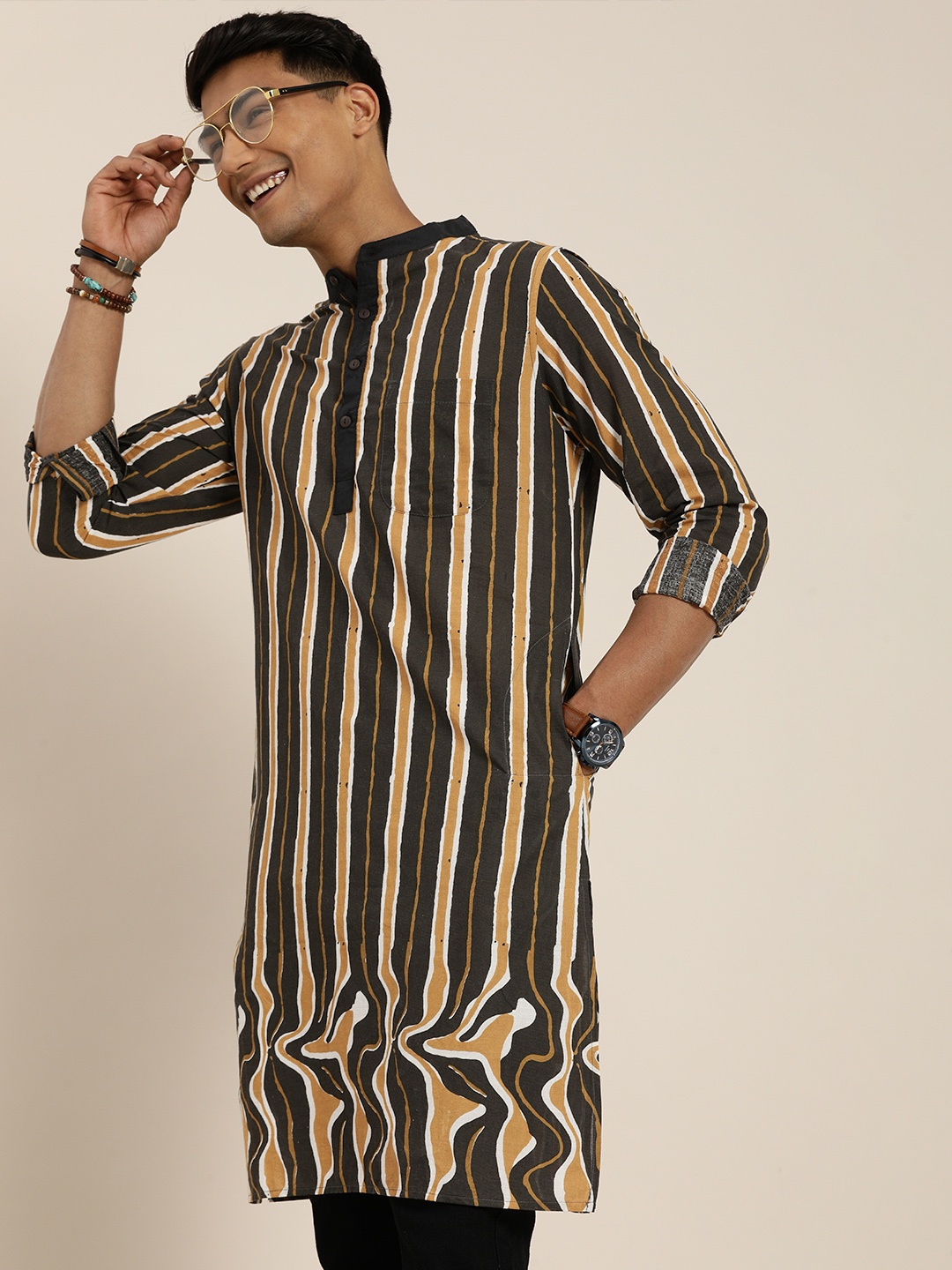 

Taavi Men Black & Brown Striped Wild Tribe Printed Kurta