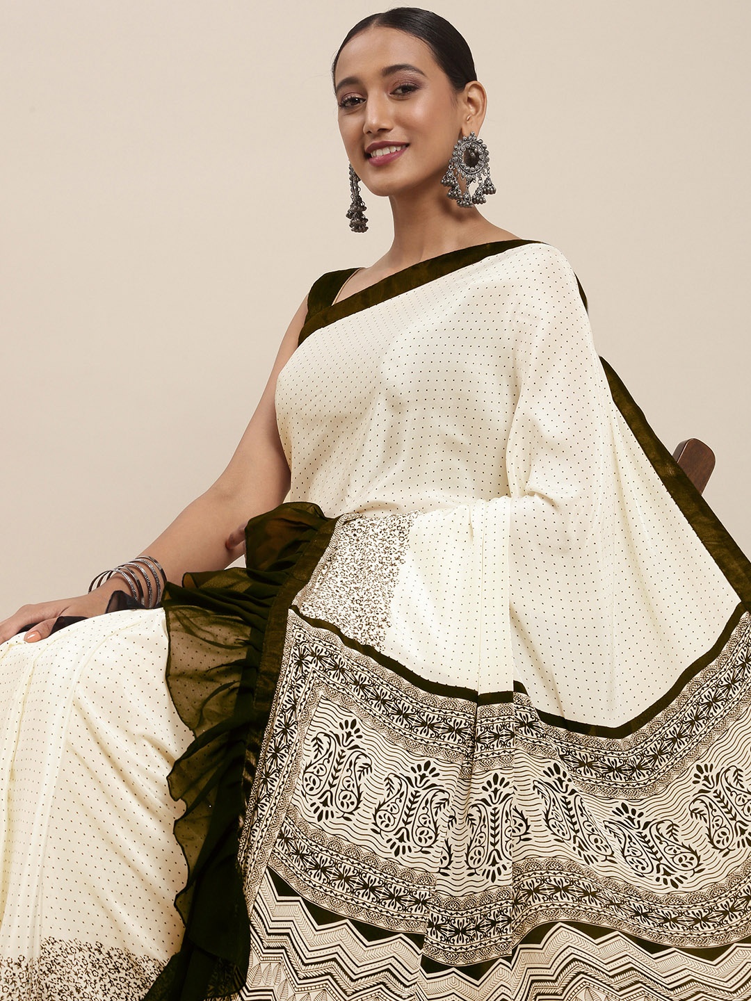 

Mitera White & Olive Green Printed Ruffle Saree