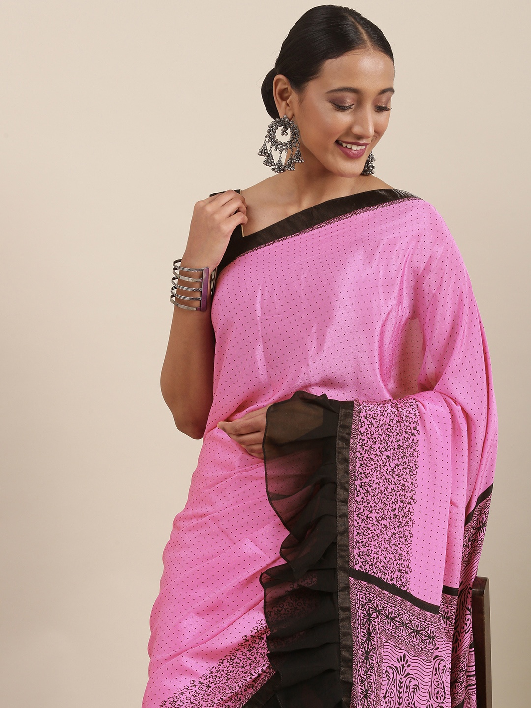 

Mitera Pink & Black Printed Ruffle Saree