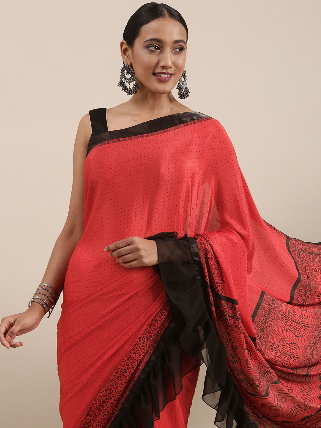 

Mitera Red & Black Printed Ruffle Saree