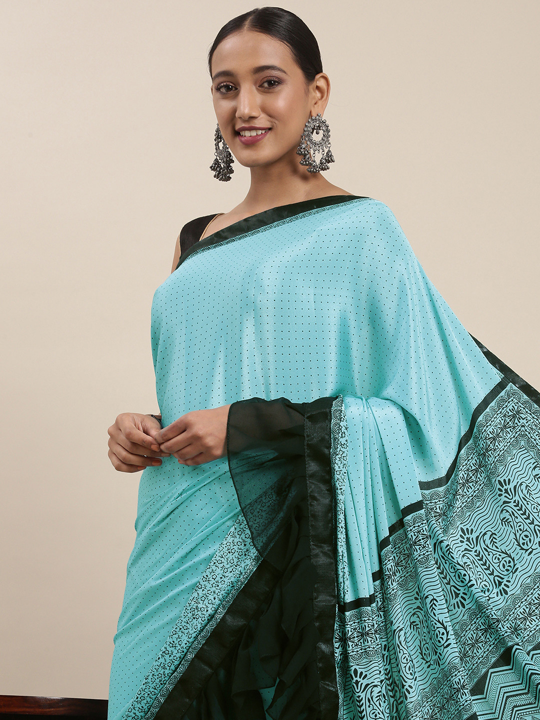 

Mitera Blue & Black Printed Ruffle Saree