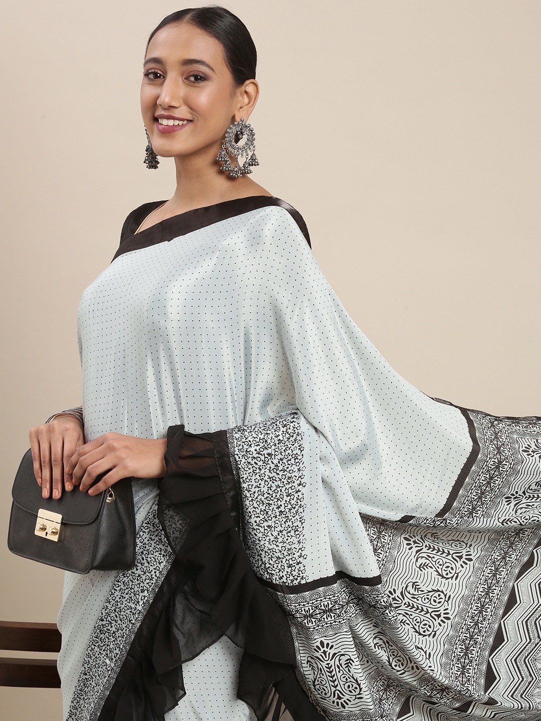 

Mitera Grey & Black Printed Ruffle Saree