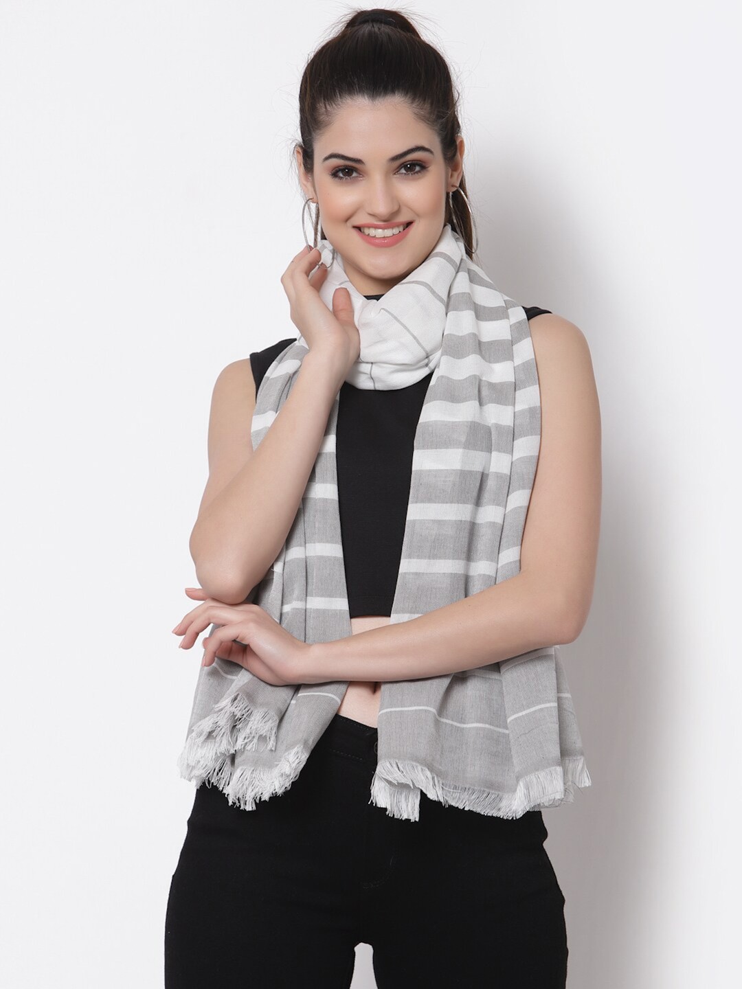 

Arrabi Women Grey & White Striped Cotton Stole