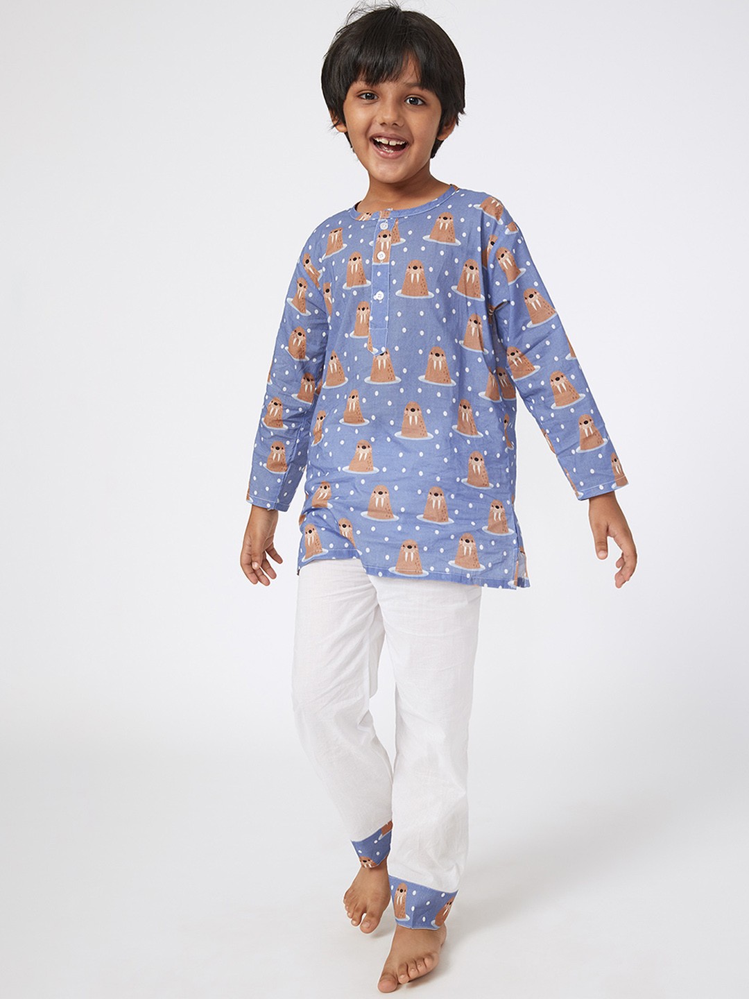 

frangipani Unisex Kids Blue & Brown Printed Pure Cotton Night suit