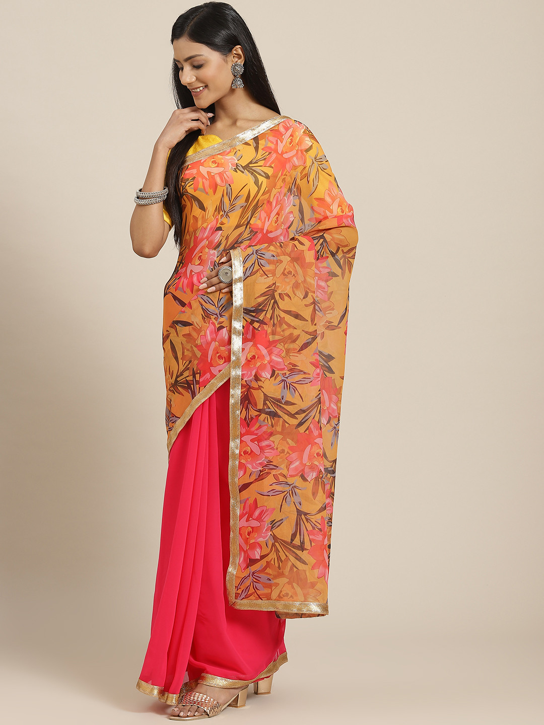 

Kalista Mustard & Coral Floral Zari Half and Half Saree
