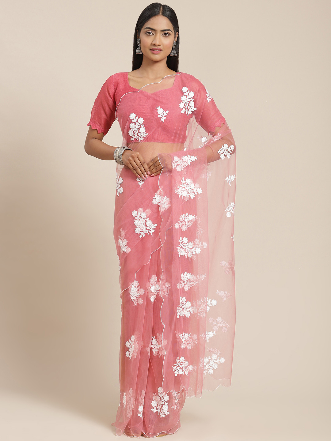 

Kalista Peach-Coloured Floral Embroidered Net Saree