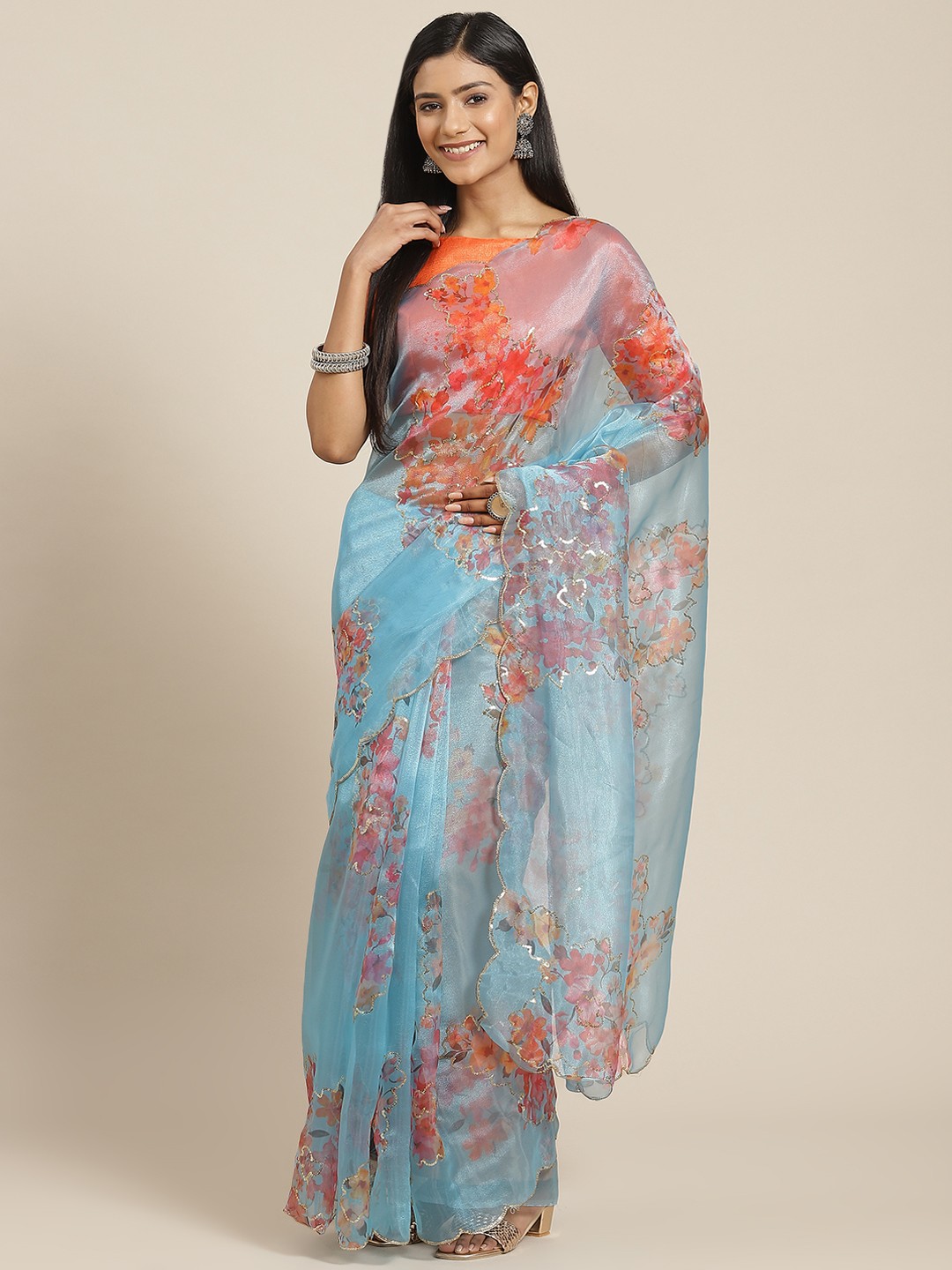 

Kalista Turquoise Blue Floral Sequinned Organza Saree