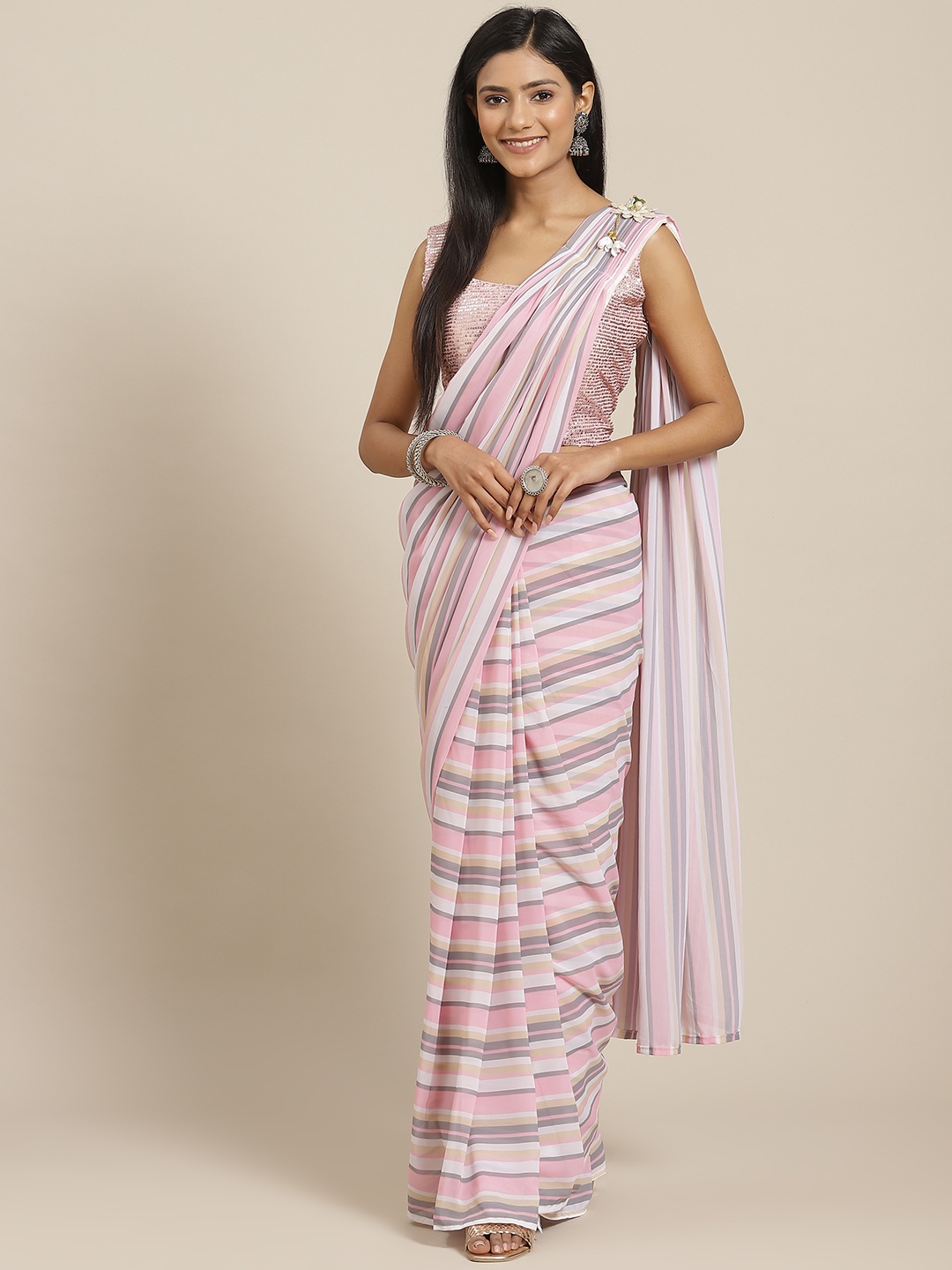 

Kalista White & Pink Striped Silk Blend Saree