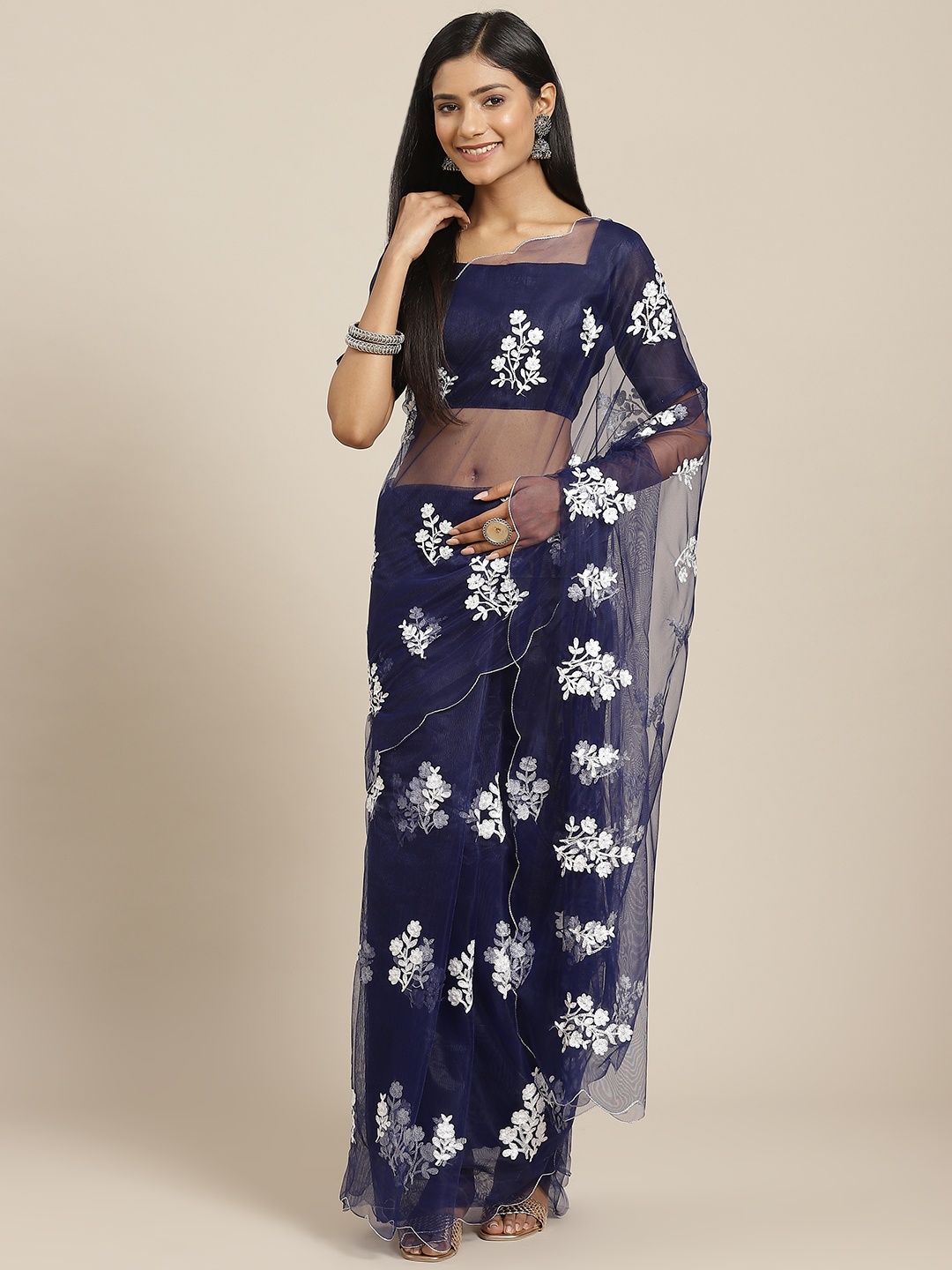 

Kalista Navy Blue Floral Embroidered Net Saree
