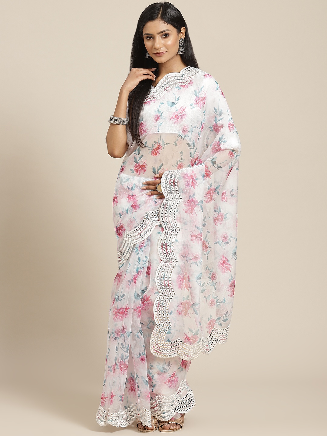 

Kalista White Floral Sequinned Organza Saree