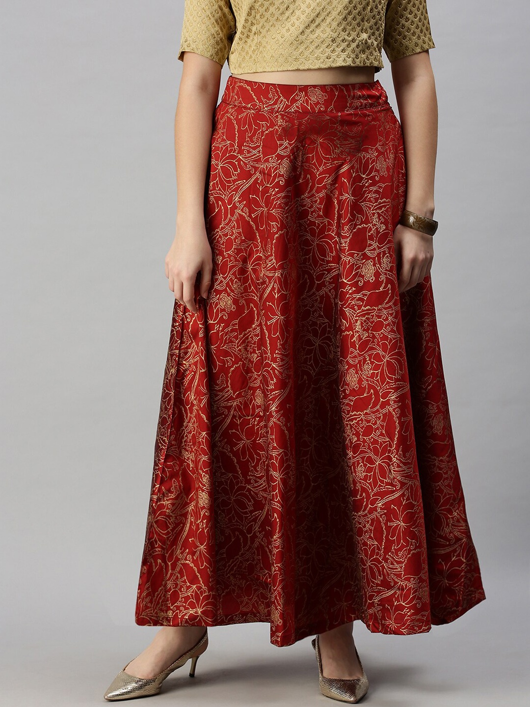 

De Moza Women Maroon & Beige Printed Flared Maxi Skirt