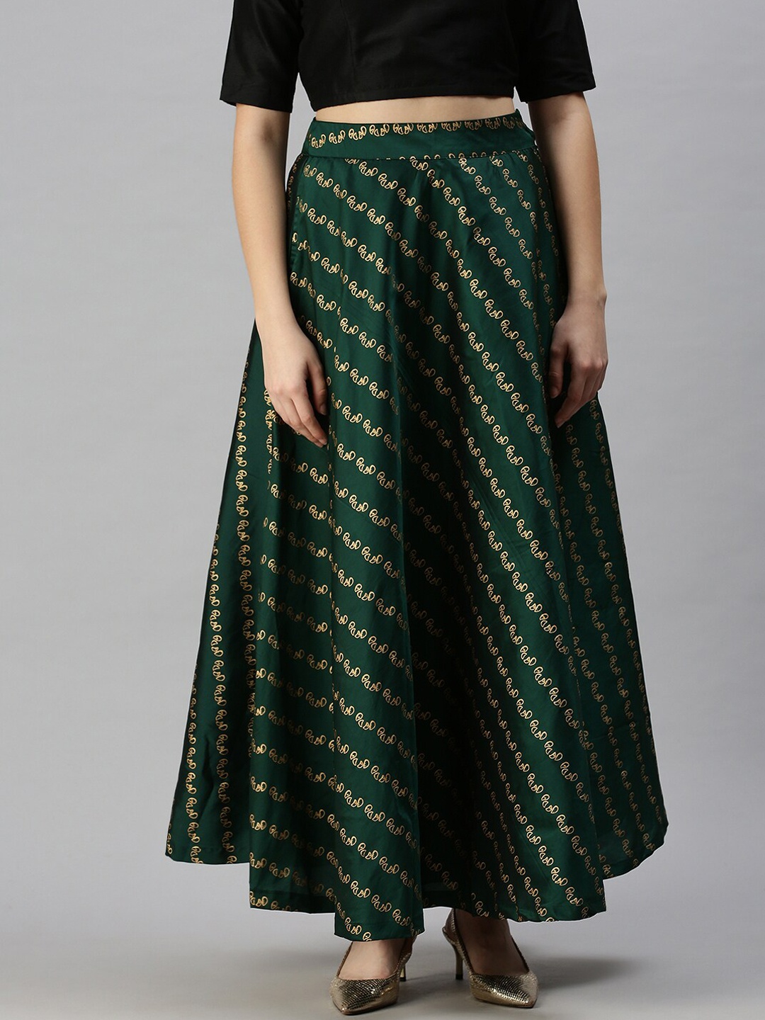 

De Moza Women Green & Beige Woven Design Flared Maxi Skirt