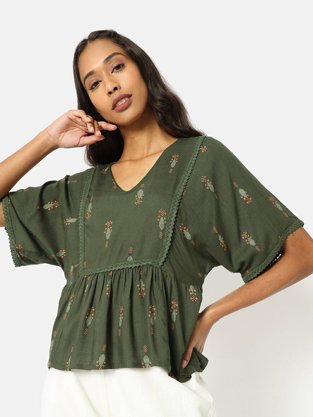 

Saaki Green Print Gathered Top