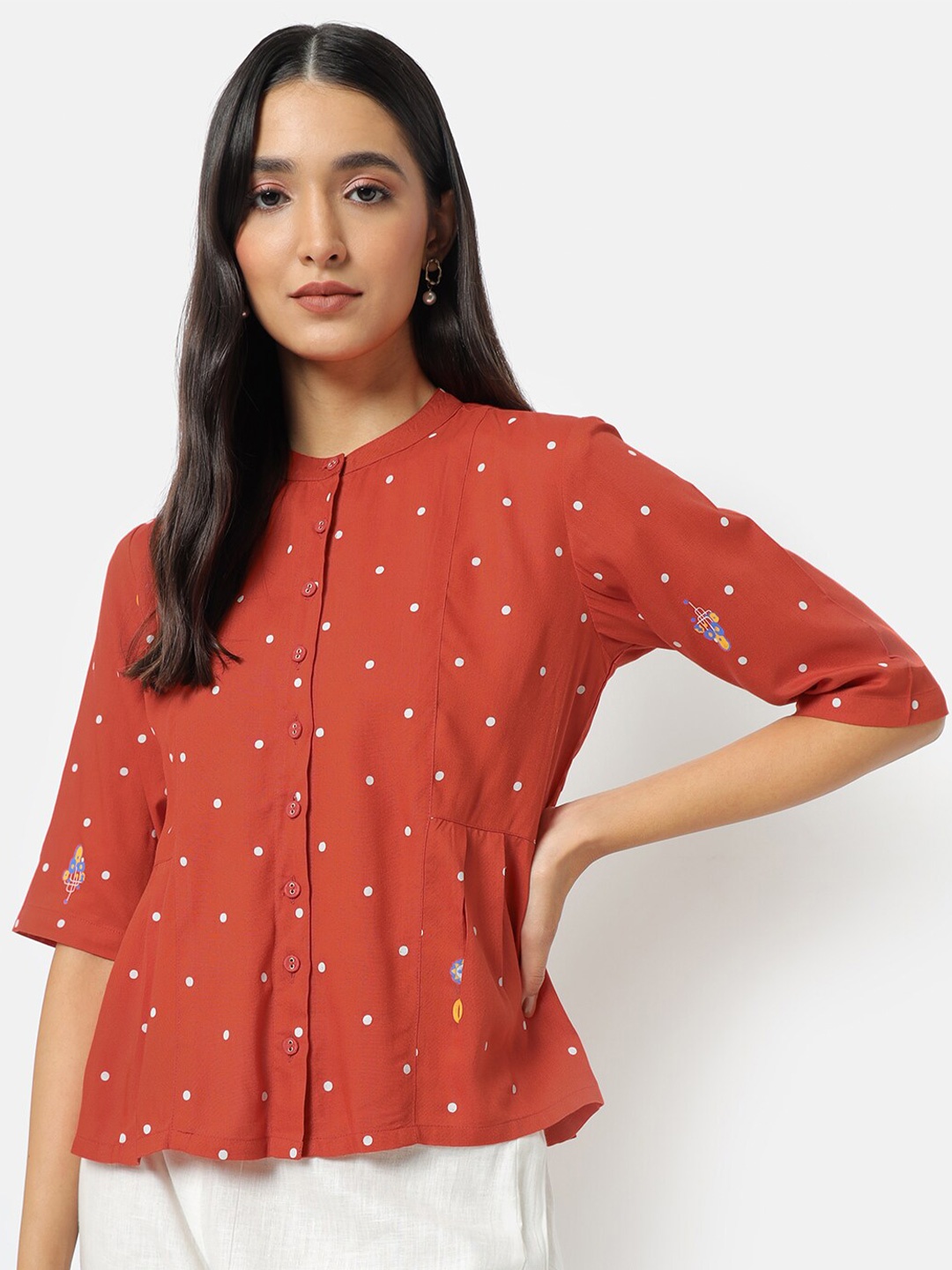 

Saaki Orange & Off White Geometric Print Mandarin Collar Shirt Style Top