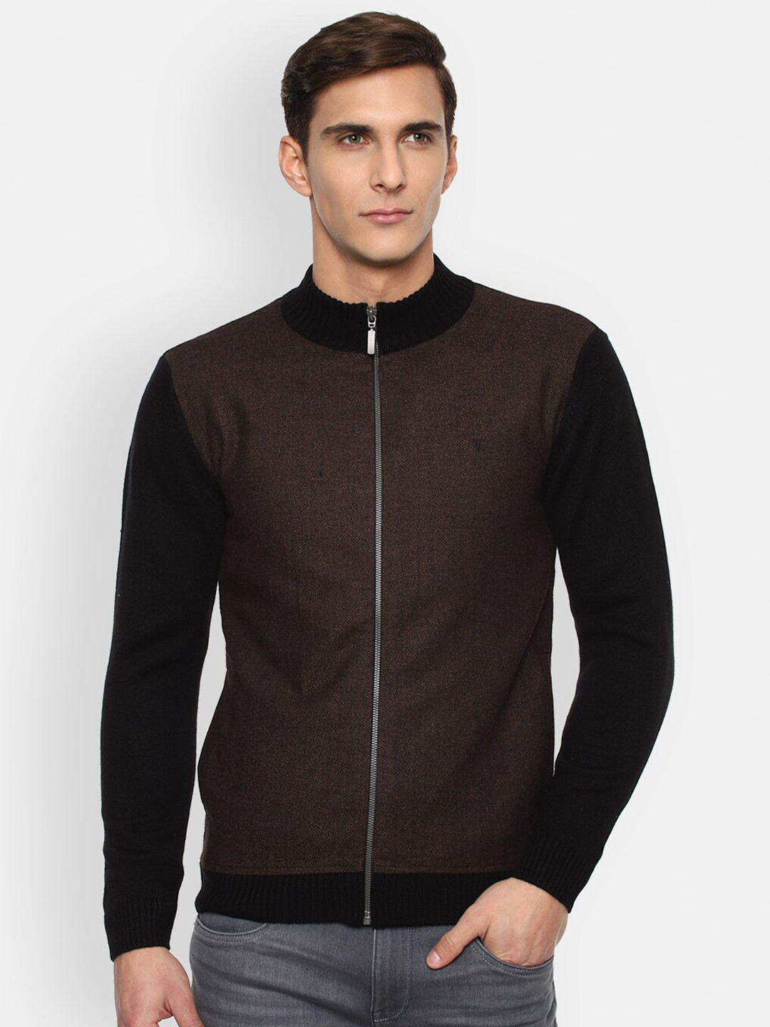 

Van Heusen Sport Men Black & Brown Colourblocked Sweater with Zip Detail