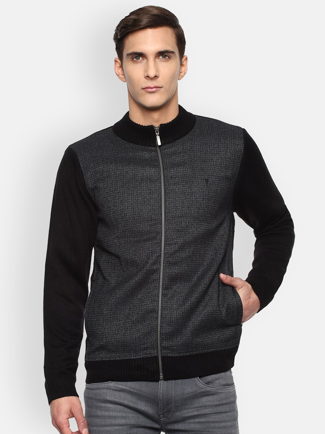 

Van Heusen Sport Men Grey & Black Colourblocked Acrylic Wool Front-Open with Zip Detail