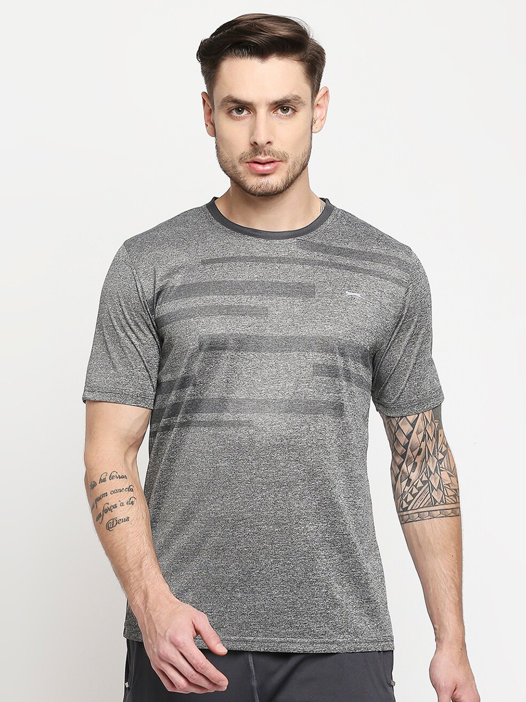 

Black Panther Men Grey Melange Striped Acti Fit Running T-shirt