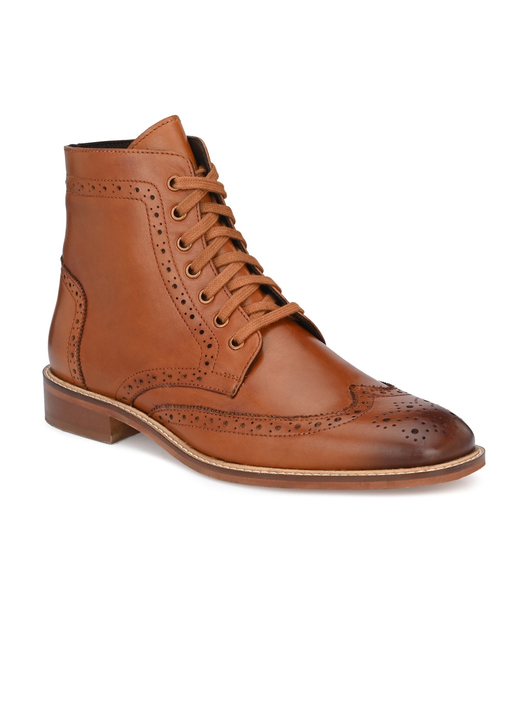 

Delize Men Brown Perforations Lightweight Leather High Top Flat Boots
