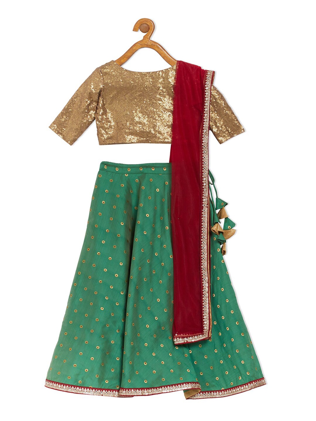 

Ethnovog Girls Green Maroon Embellished Made to Measure Lehenga Blouse With Dupatta