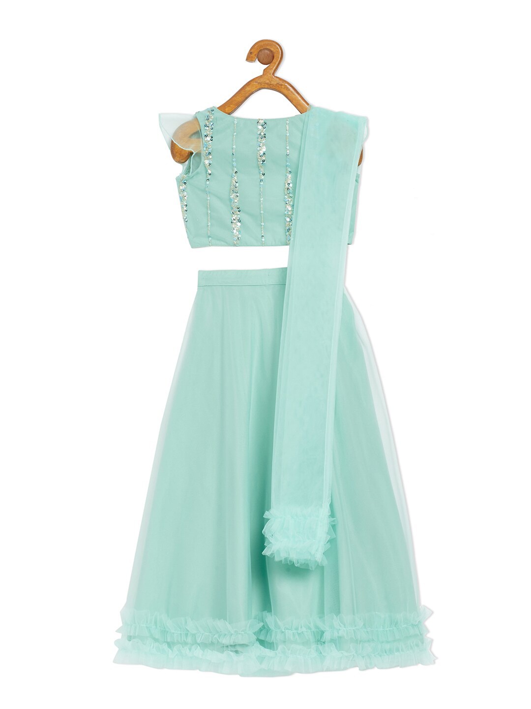 

Ethnovog Girls Sea Green Silver-Toned Embellished Lehenga Blouse With Dupatta