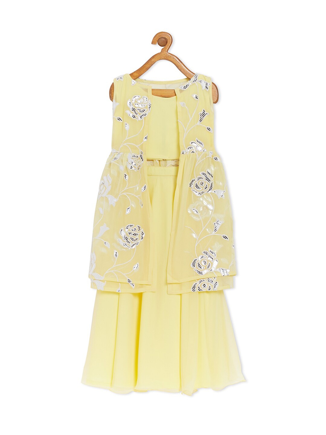 

Ethnovog Girls Yellow Silver-Toned Embroidered Made to Measure Lehenga Choli Set