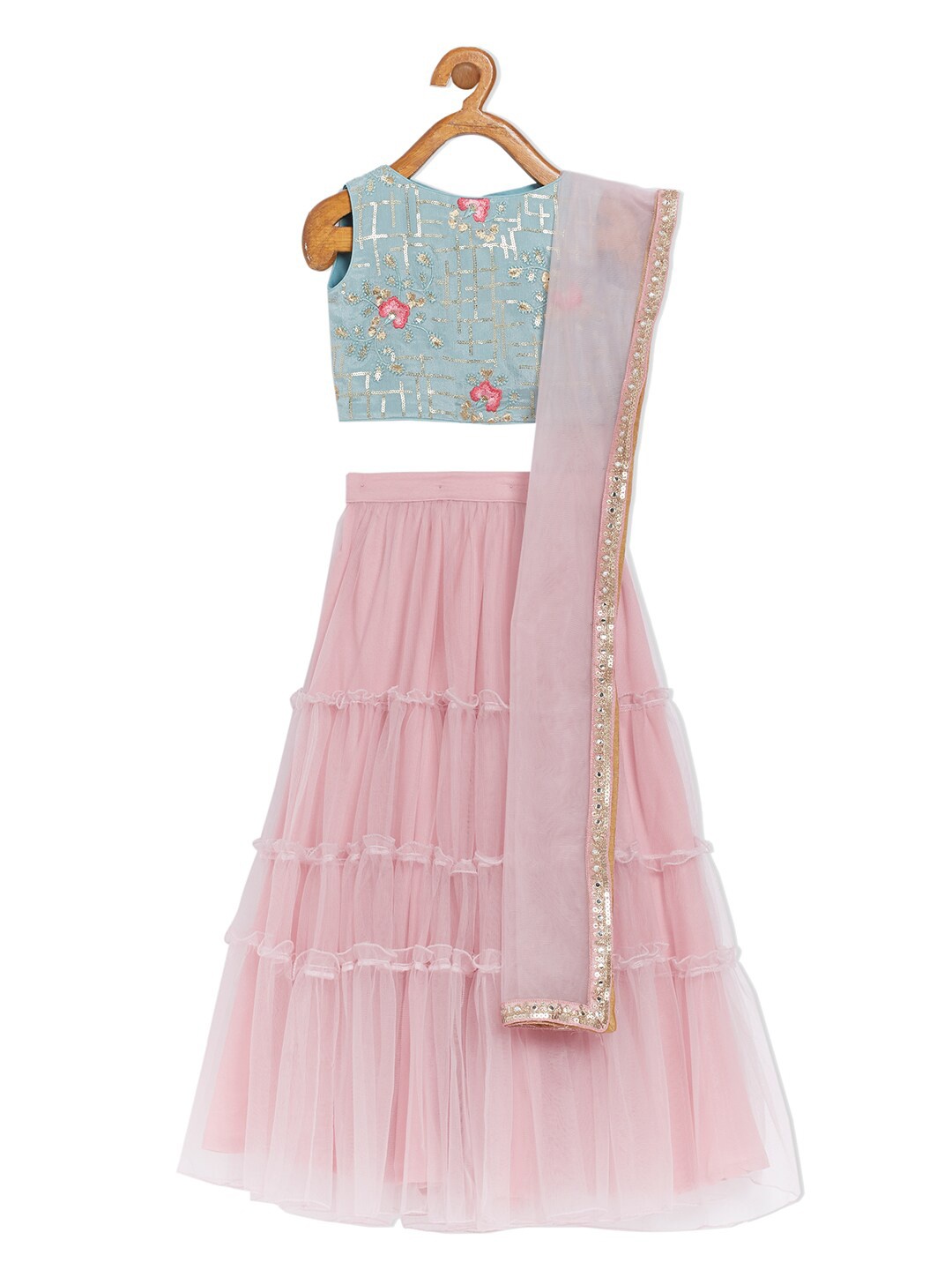 

Ethnovog Girls Blue Pink Ready to Wear Lehenga Blouse With Dupatta