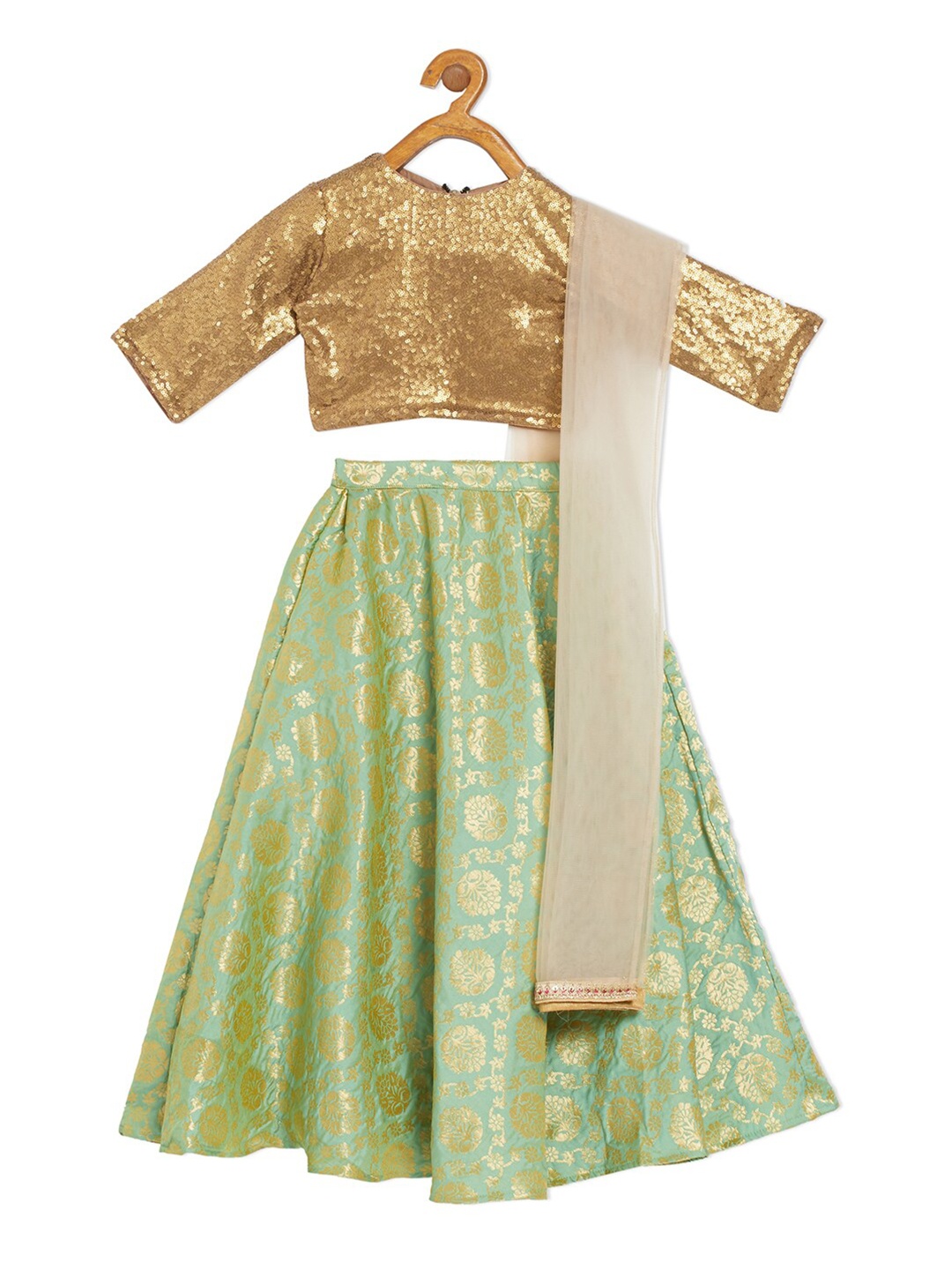 

Ethnovog Girls Brown Green Made to Measure Lehenga Blouse With Dupatta