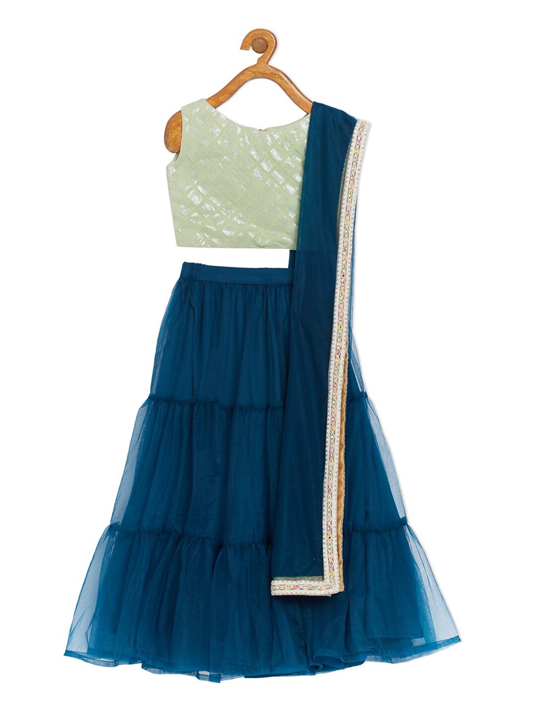 

Ethnovog Girls Green Blue Embellished Sequinned Ready to Wear Lehenga Set