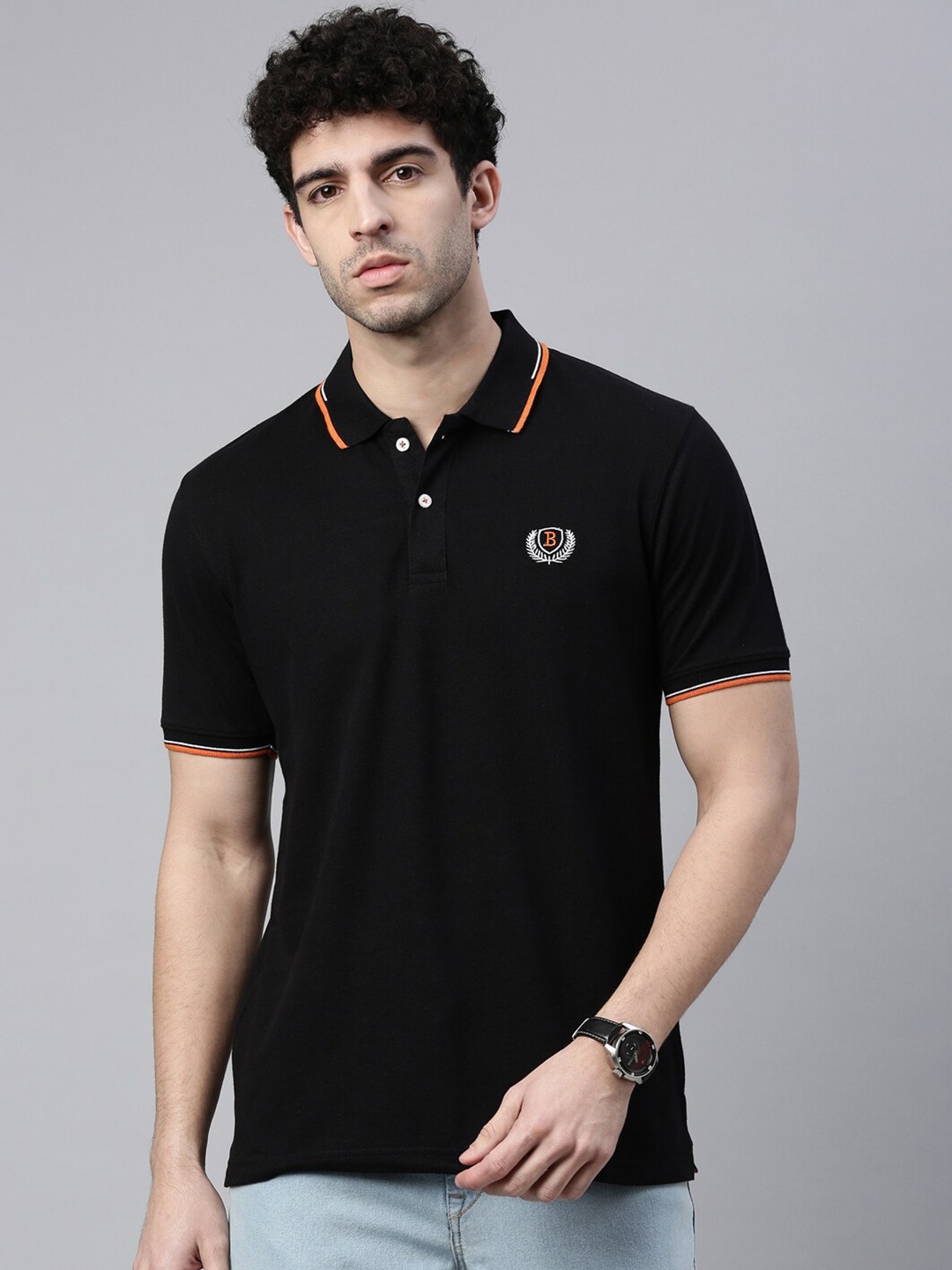 

Bushirt Men Black Polo Collar Applique T-shirt