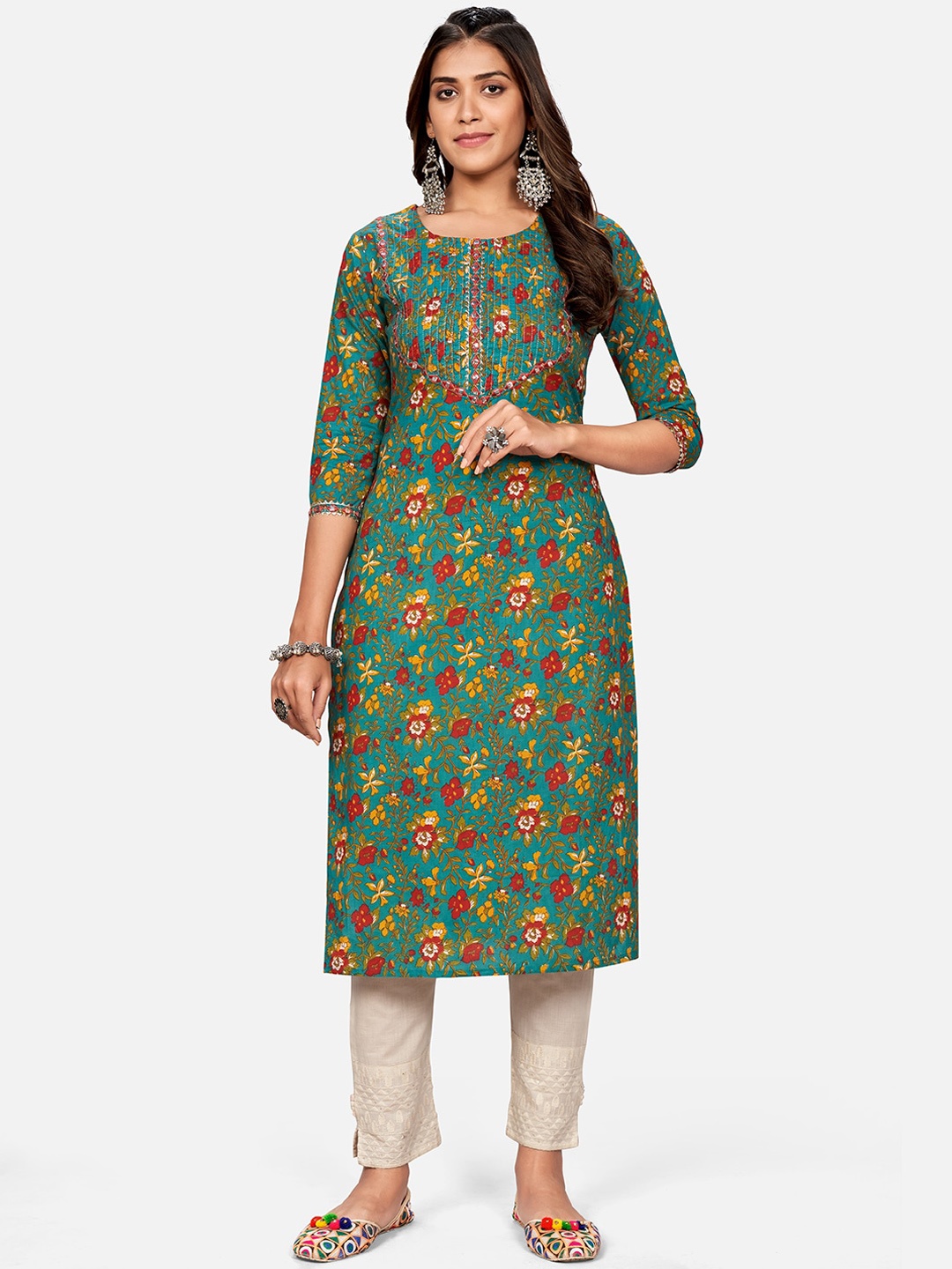 

Vbuyz Women Turquoise Blue Floral Printed Kurta