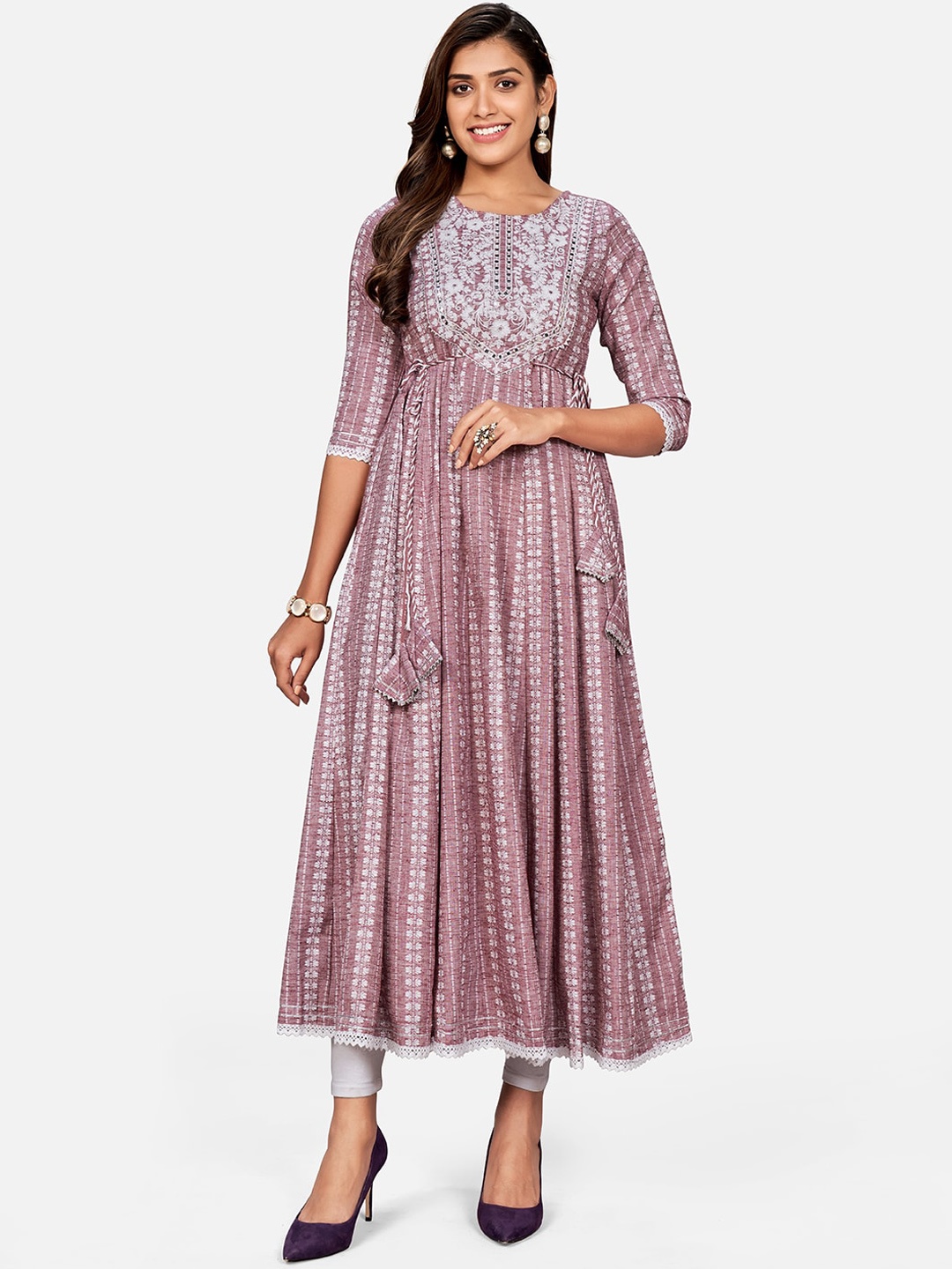 

Vbuyz Women Lavender Ethnic Motifs Striped Anarkali Kurta