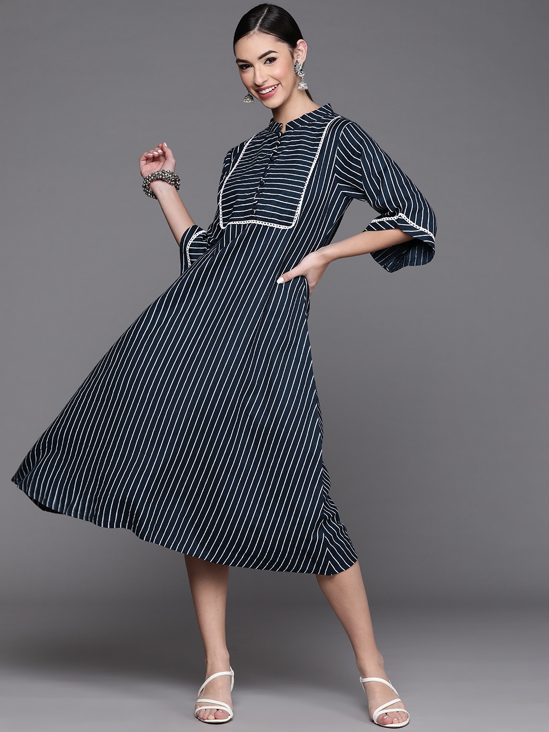 

Libas Navy Blue Striped Ethnic Cotton A-Line Midi Dress