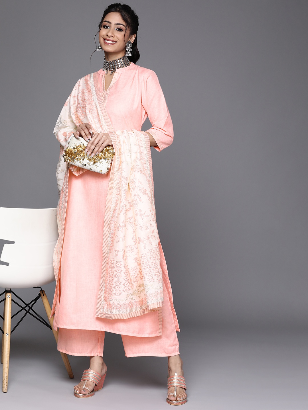 

Libas Women Pink Pure Cotton Solid Kurta with Palazzos & Dupatta