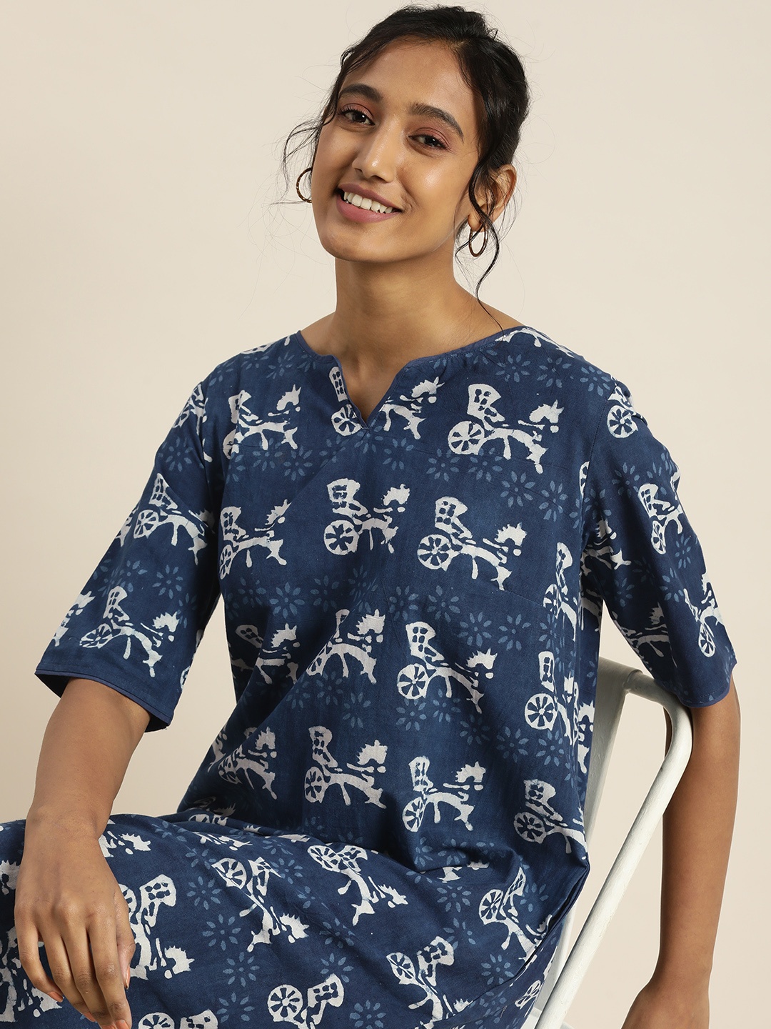 

Taavi women Blue Indigo Hand Block Print Pure Cotton Nightdress
