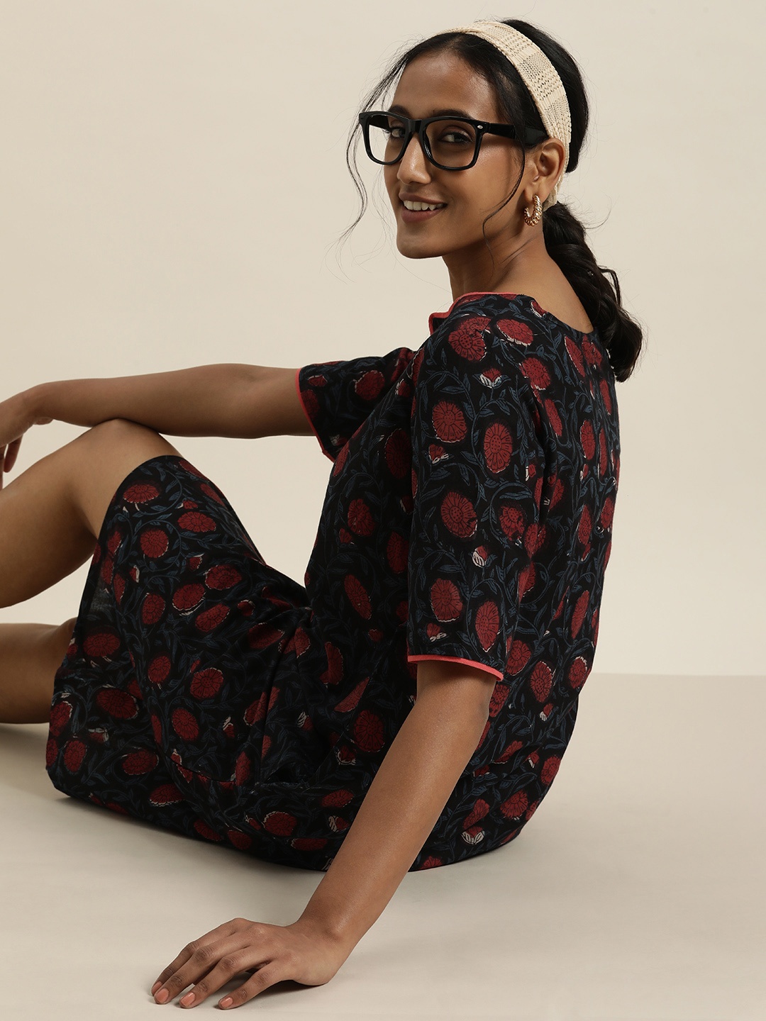 

Taavi Women Black & Blue Sanganeri Hand Block Print Pure Cotton Ethnic A-Line Dress