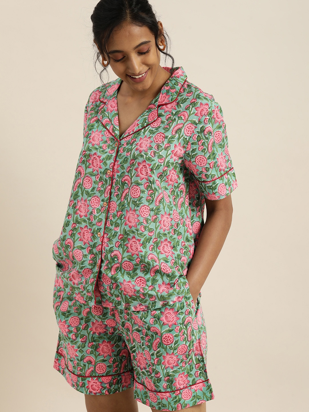 

Taavi Women Green & Blue Handblock Printed Pure Cotton Night suit