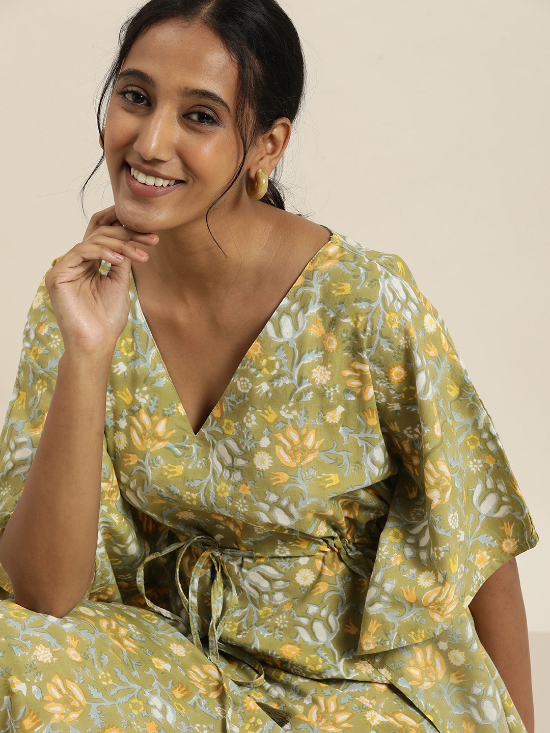 

Taavi Green & Yellow Sanganeri Handblock Print Ethnic Kaftan Midi Dress with Waist Tie-Up