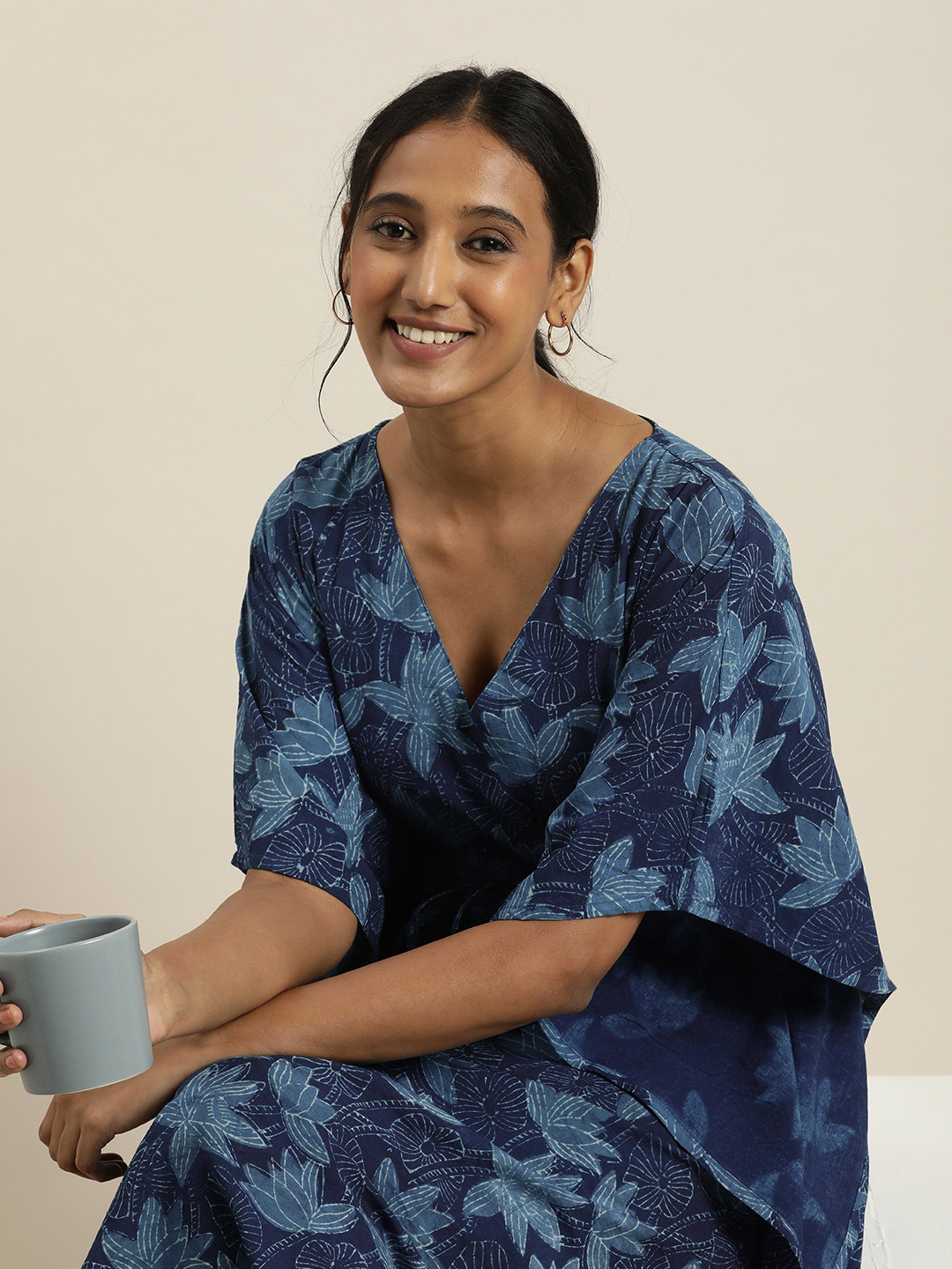 

Taavi Navy Blue Indigo Hand Block Print Ethnic Kaftan Midi Dress with Waist Tie-Up