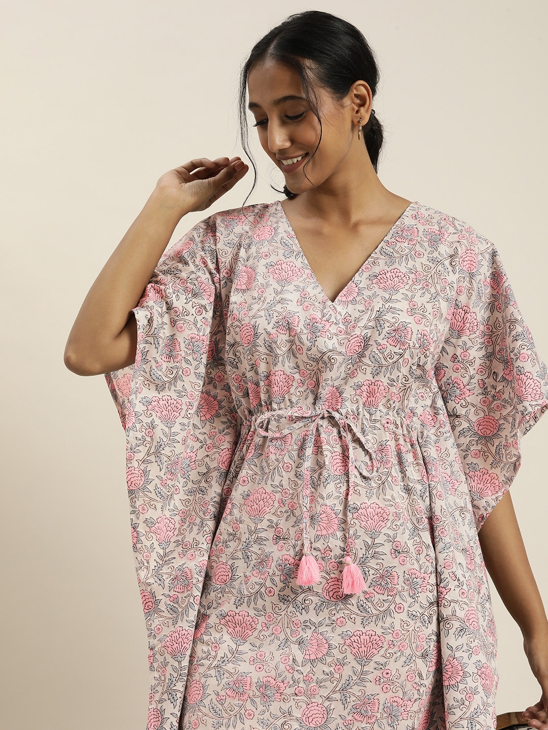 

Taavi Grey & Pink Sanganeri Handblock Print Floral Kaftan Midi Dress with Waist Tie-Up