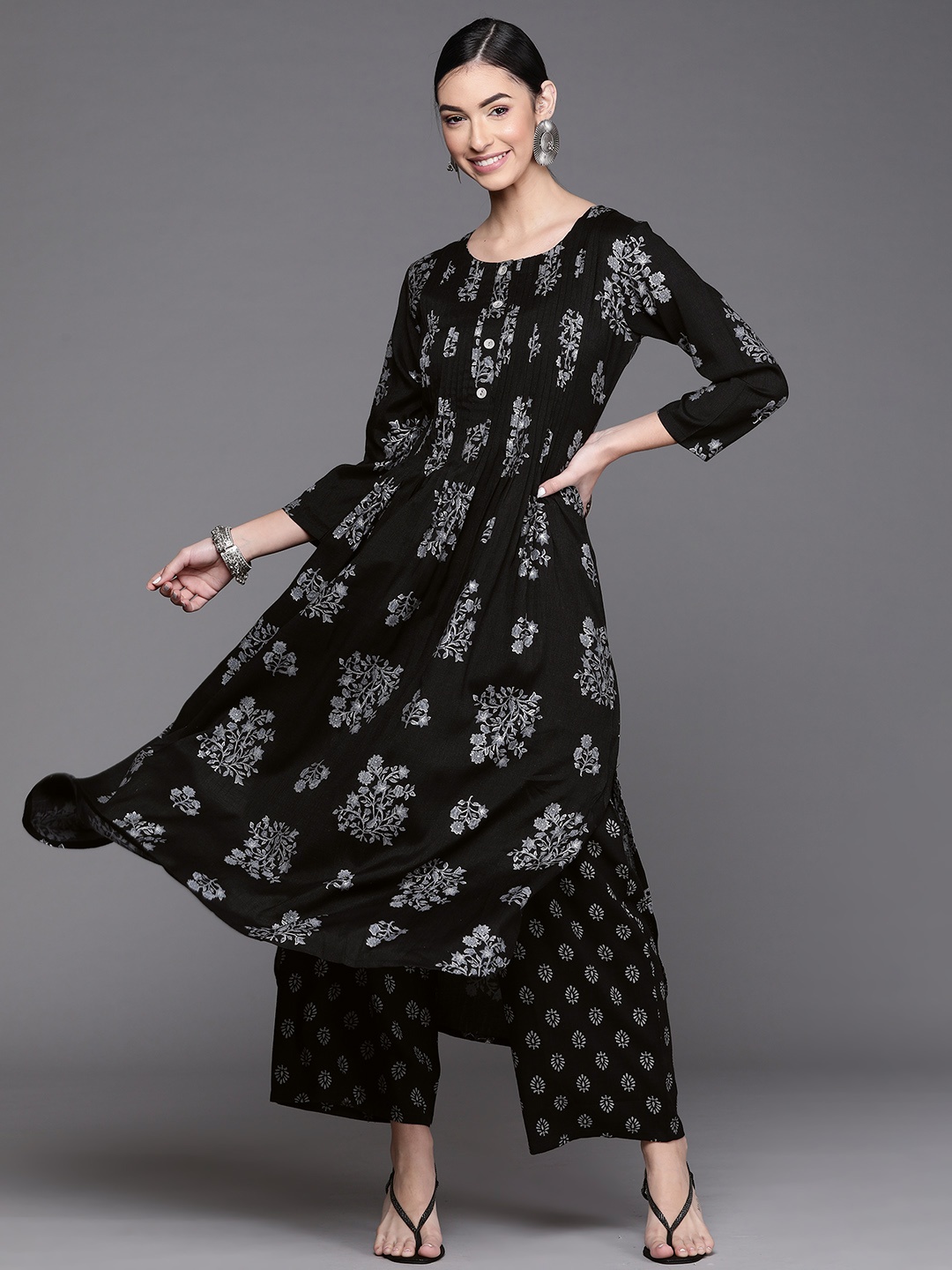 

Libas Women Black & Grey Floral Print Round Neck Accordian Pleats Rayon A-Line Kurta