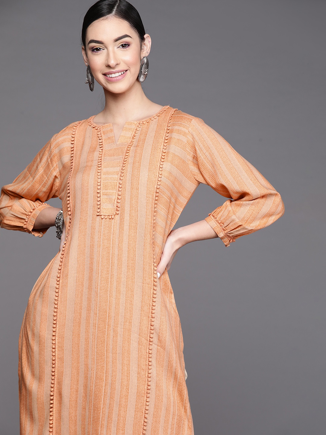 

Libas Women Orange Striped Kurta With Lace Detail