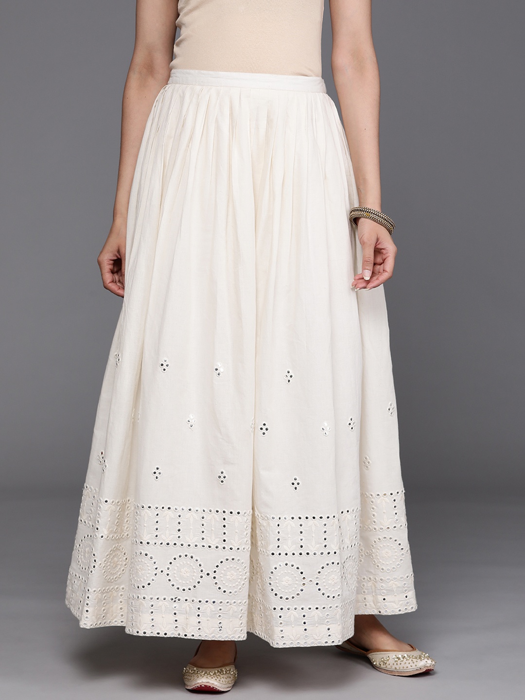

Libas Women Off-White Cotton Schiffli Embroidered Pleated Mirror Work A-Line Maxi Skirt