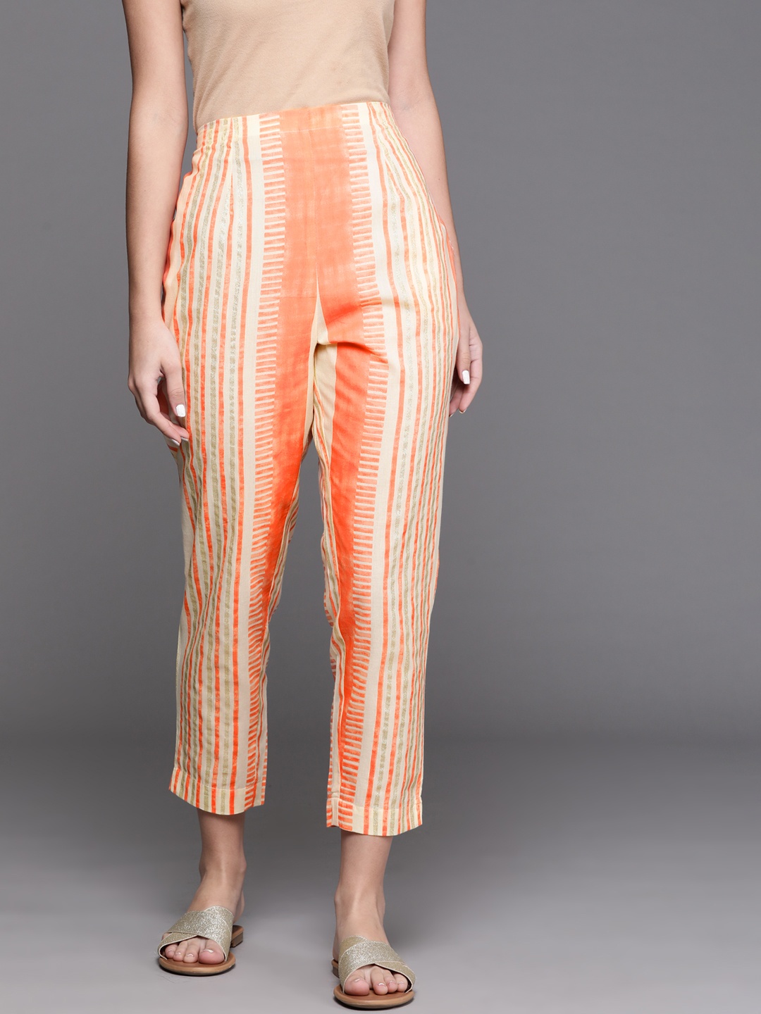 

Libas Women Orange Printed Relaxed Straight Leg Easy Wash Trousers