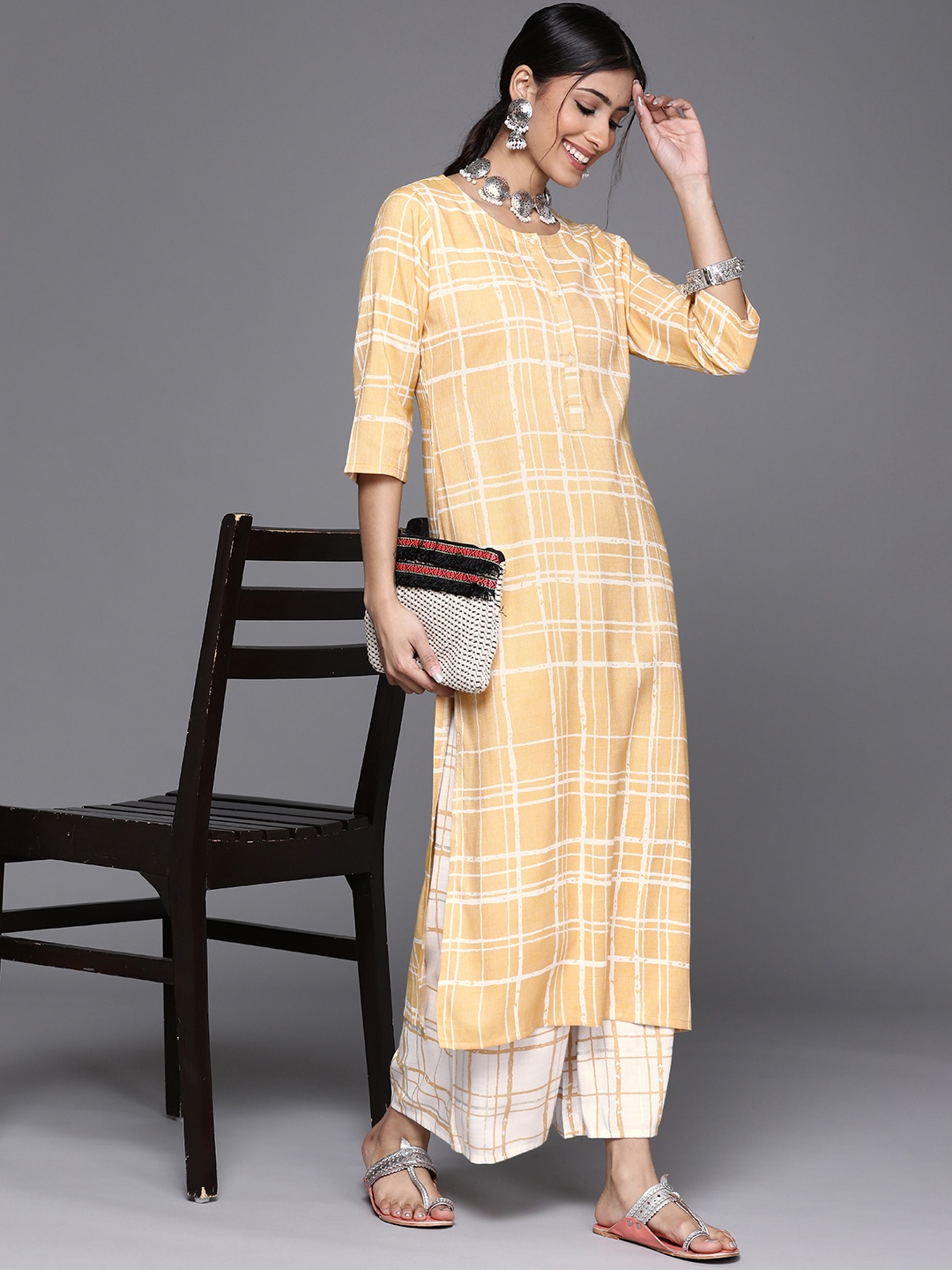 

Libas Women Yellow Rayon Checked Printed Kurta