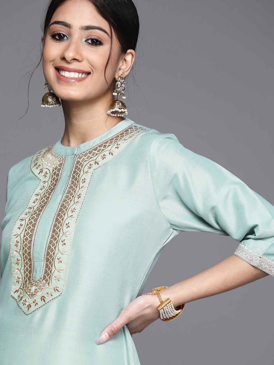 

Libas Women Blue Ethnic Motifs Embroidered Chanderi Silk Kurta